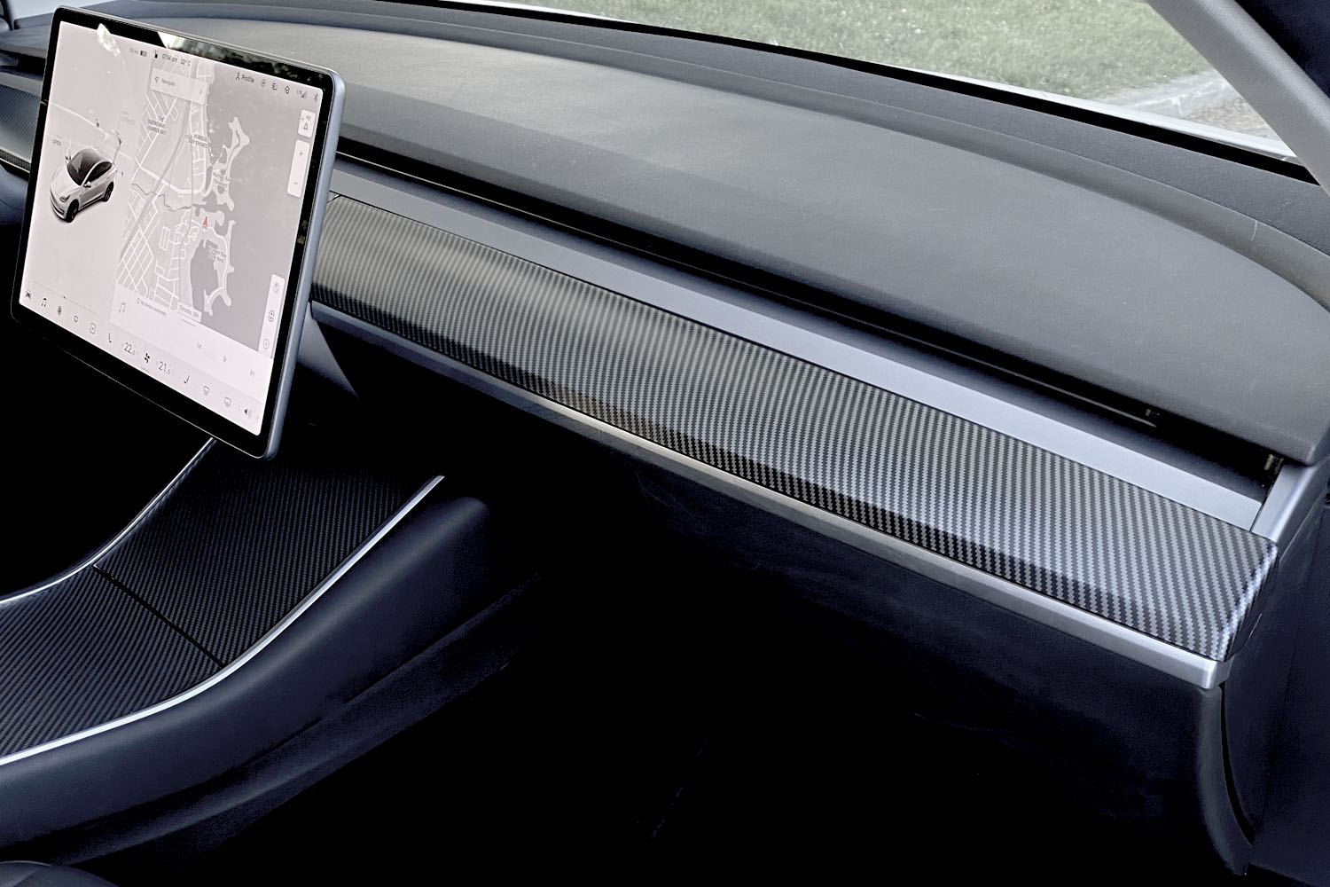 Matte Black Carbon Fiber Style Dashboard Panel Cover Trim For Tesla Model 3 & Y (2017+) – 2-Piece Set