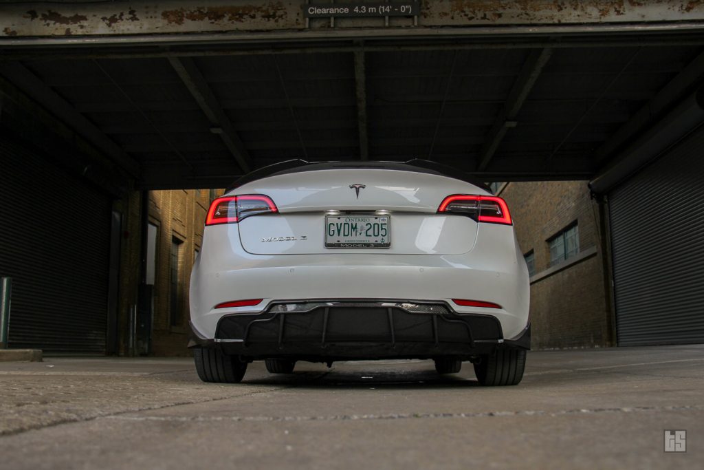 Trunk side of a Tesla Model 3.