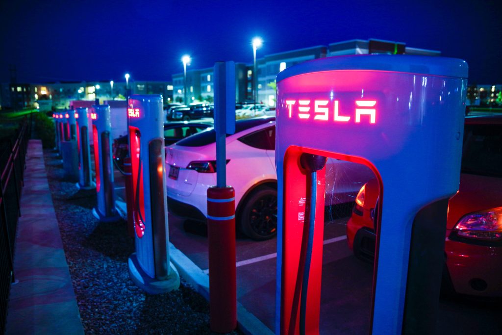 Tesla Supercharging Station at Night