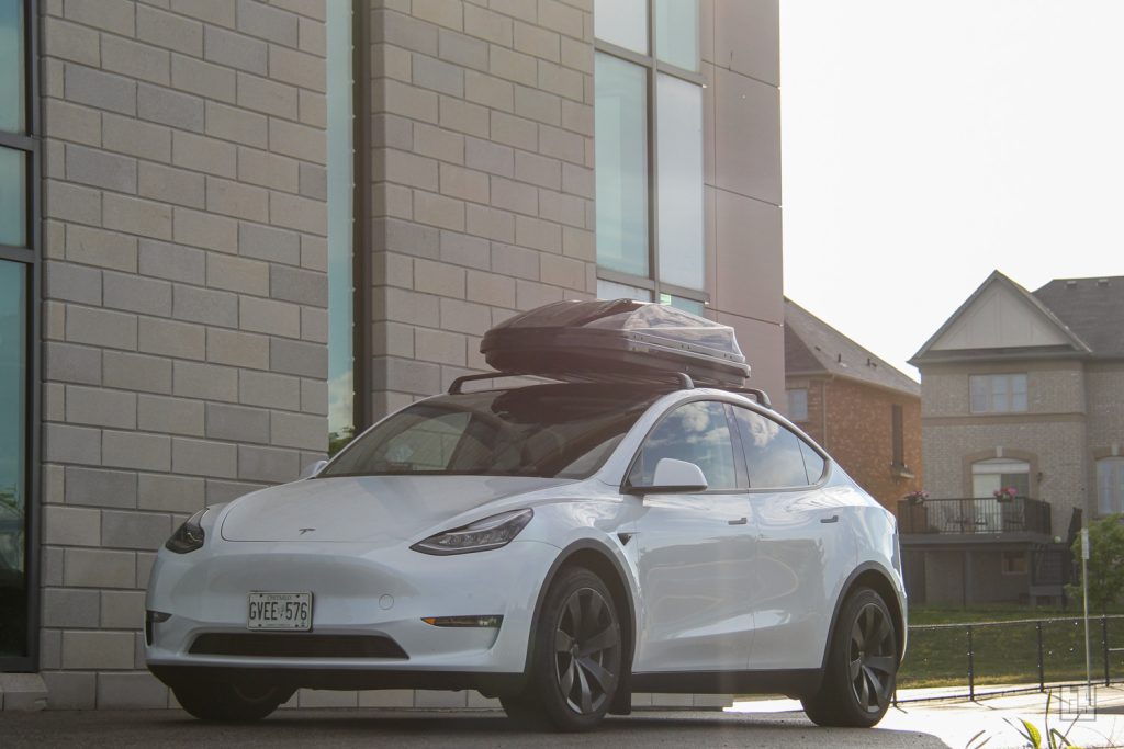 Tesla Model Y with the Rooftop Cargo Box