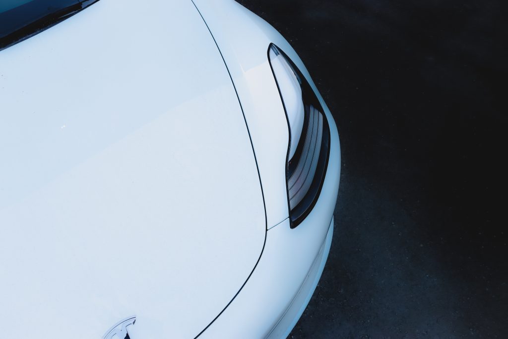 Front End of a Pearl White Tesla Model 3