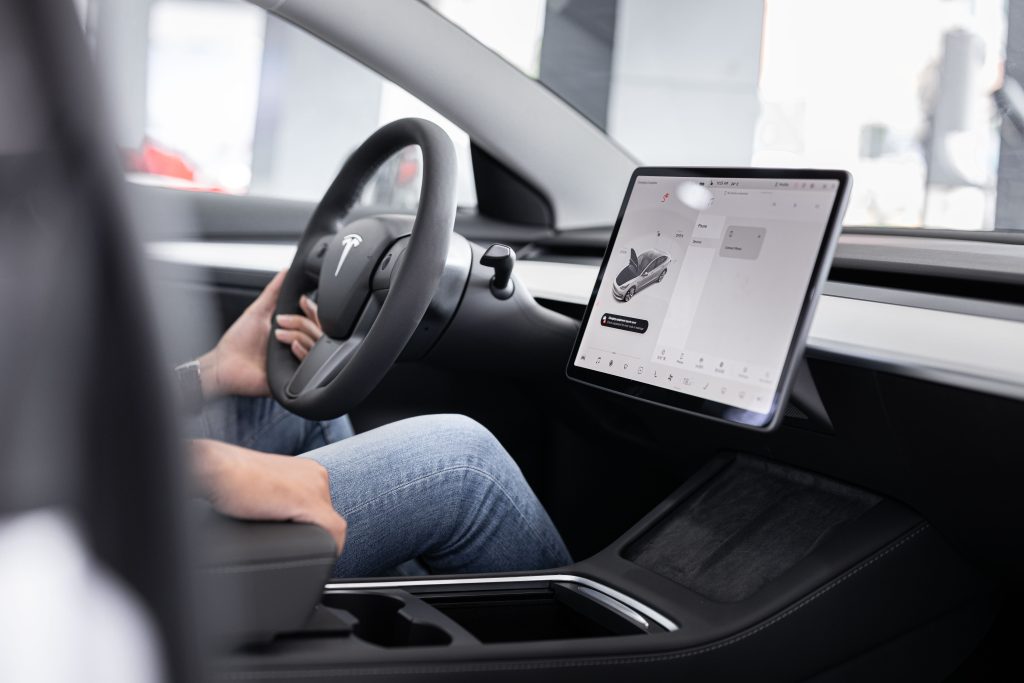 Interior of a Tesla with the Bluetooth Screen Open