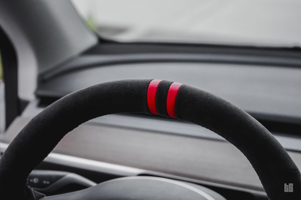 Tesloid Napa Leather Steering Wheel Cover- Black Suede with Red Stripes