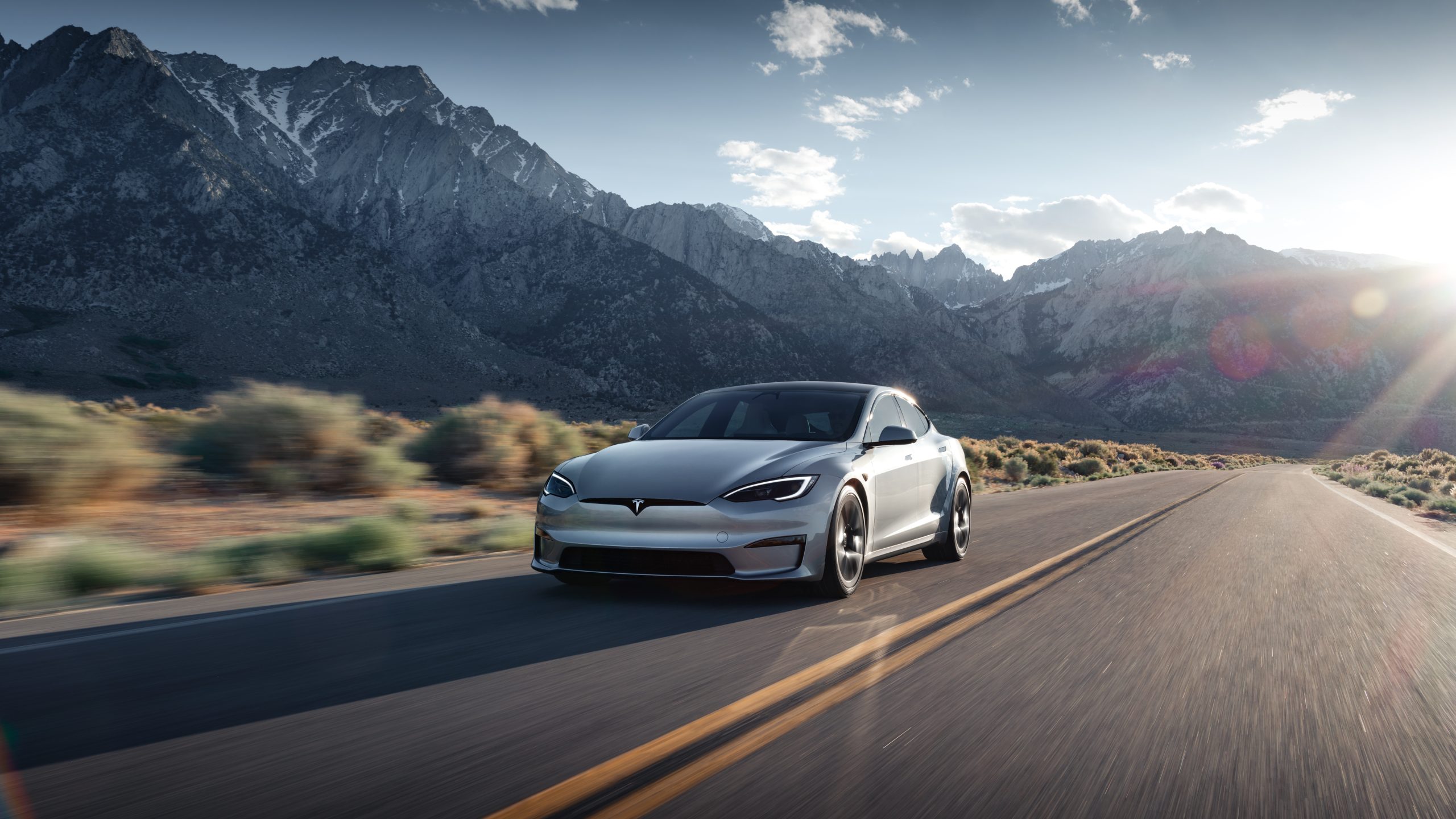 Tesla Model S Cruising Down a Road